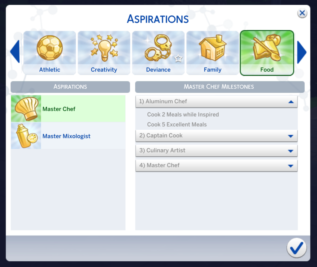 aspiration du chef en maître des Sims 4 premier niveau