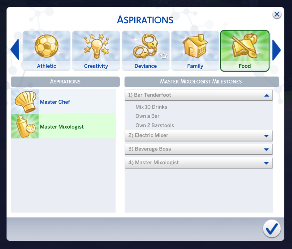 Aspiration de Mixologiste Maître des Sims 4