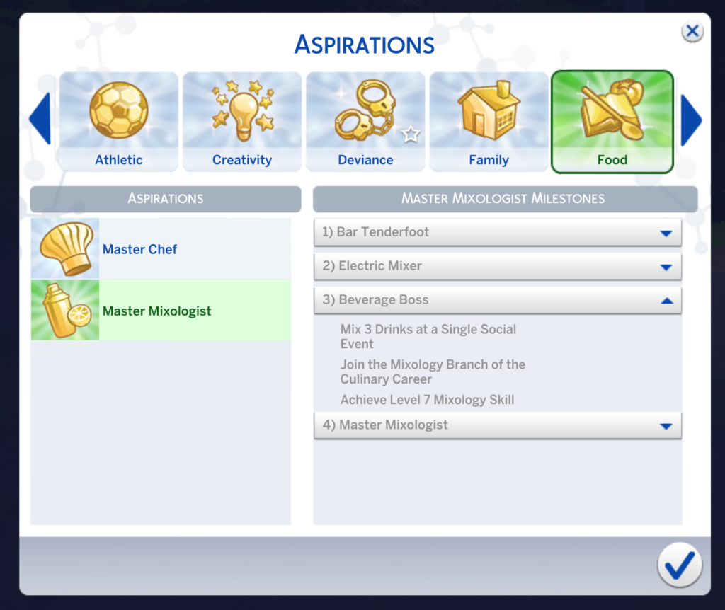niveau Patron des boissons Aspiration Sims 4 Maître Mixologiste