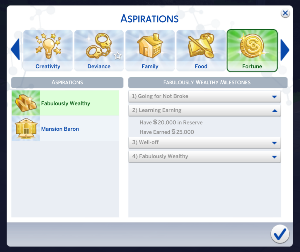 aspiration fabuleusement riche des Sims 4 étape deux