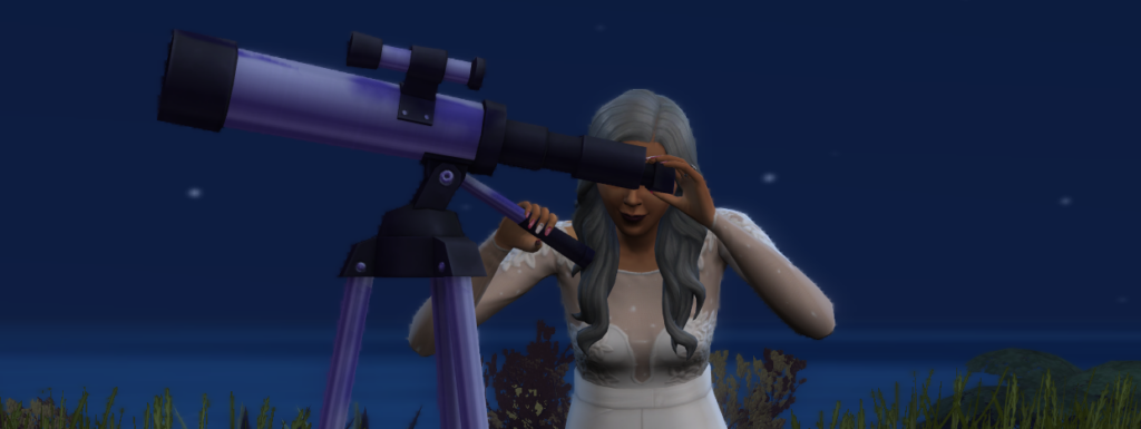 un sim en tenue de mariage regardant le ciel dans le nouveau télescope