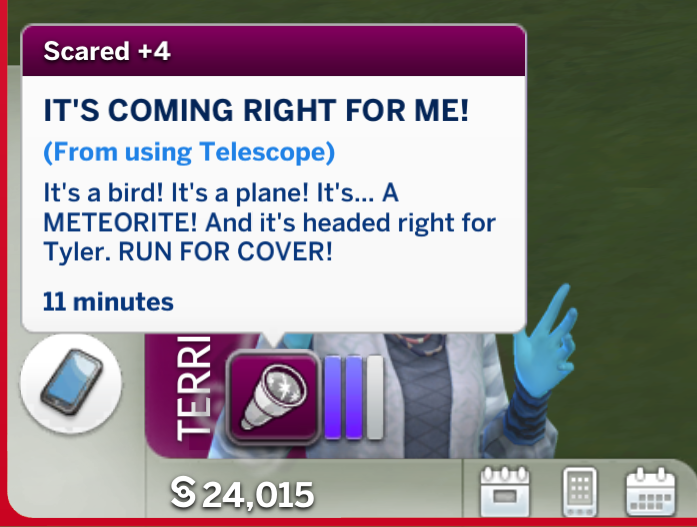 un Sim sur le point de mourir de la mort par météorite dans Les Sims 4