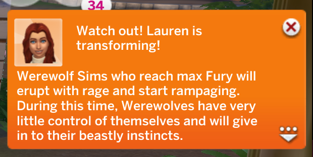 la notification que vous obtenez dans les Sims 4 pour devenir un loup-garou