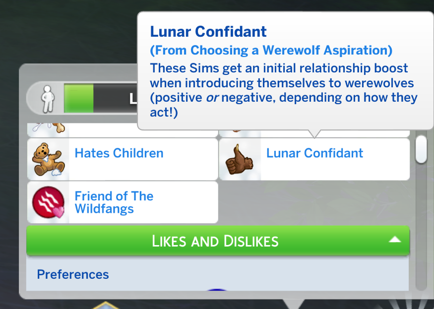 aspirations de loups-garous Sims 4 - trait bonus confident lunaire