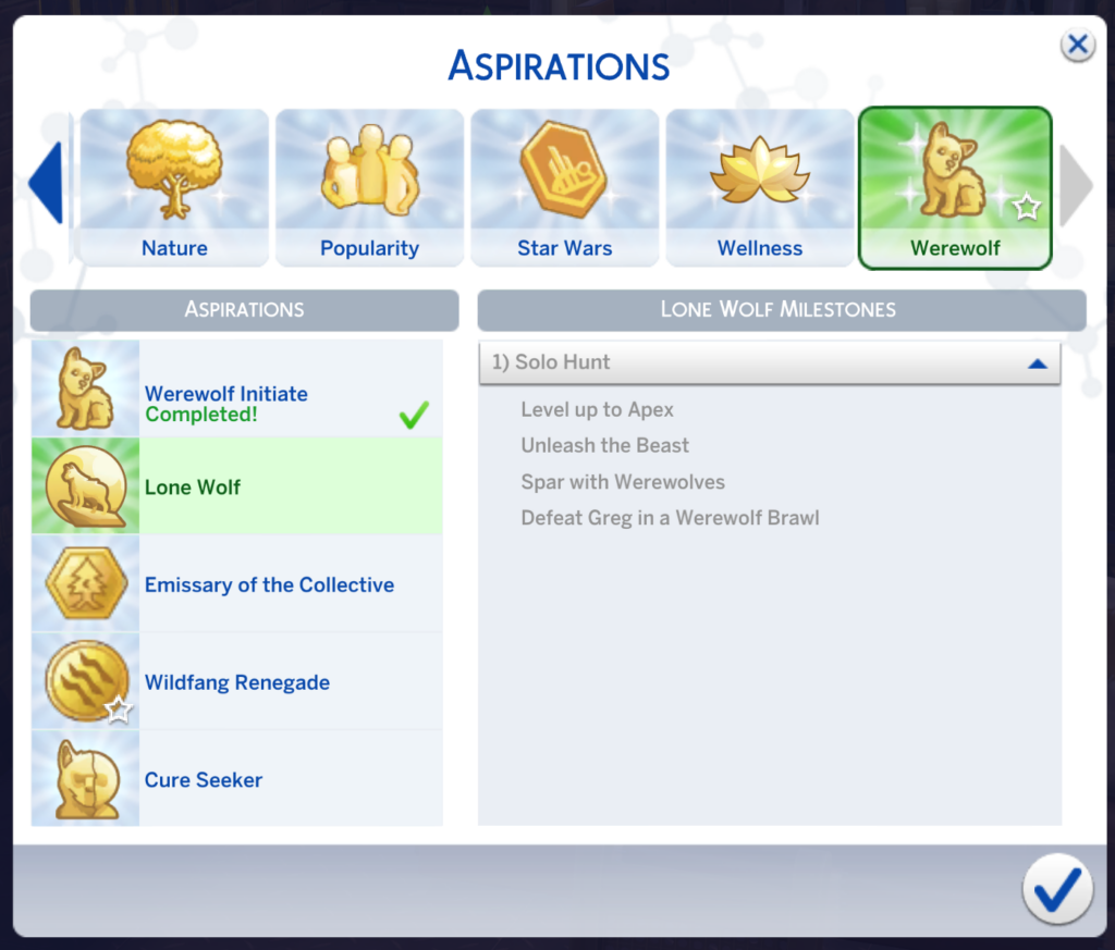 Page d'aspirations des loups-garous dans Les Sims 4 pour les loups solitaires