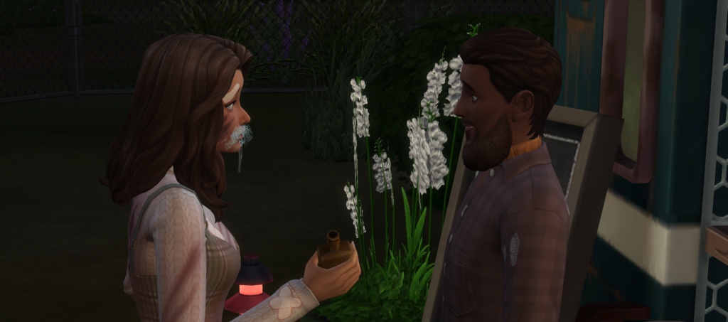 sim infecté par les werebies dans Les Sims 4 debout avec un barman et buvant le remède