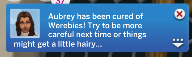 notification qui apparaît dans Les Sims 4 après avoir guéri les werebies