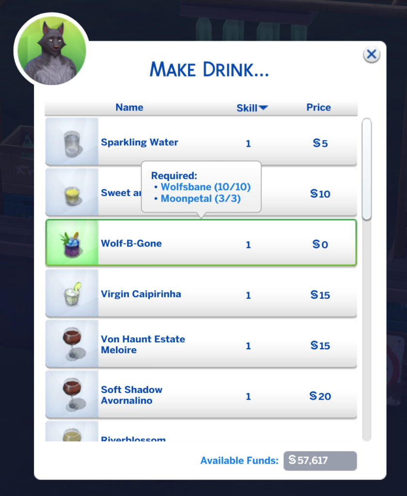 fabriquer une boisson pour le remède contre les loups-garous qui peut empêcher les sims de devenir des loups-garous