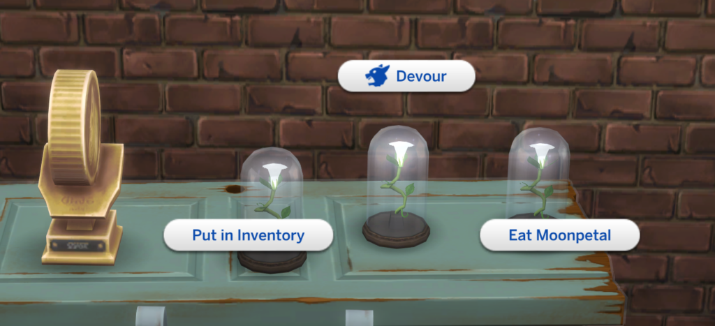 l'interaction pour manger la fleur de lune dans Les Sims 4 qui réinitialisera les capacités de loup-garou