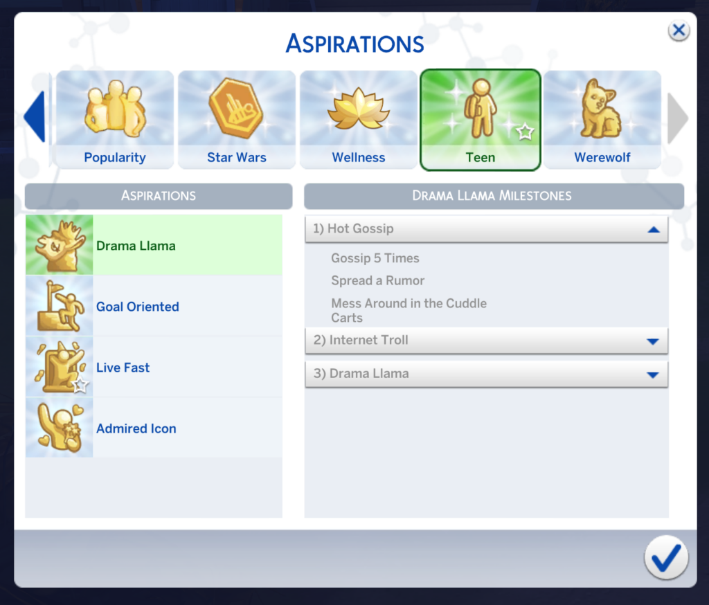 La première page de l'aspiration drama llama dans Les Sims 4; Les années lycée