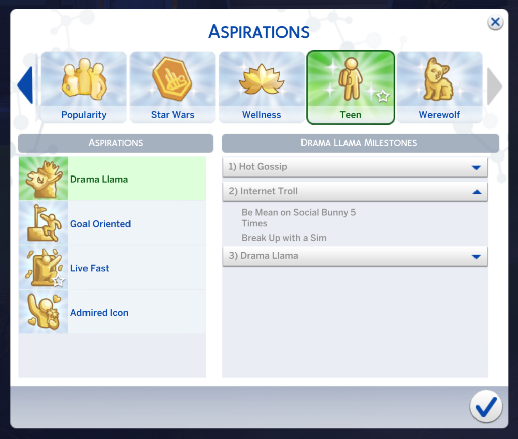 La 3ème page de l'aspiration drama llama des Sims 4