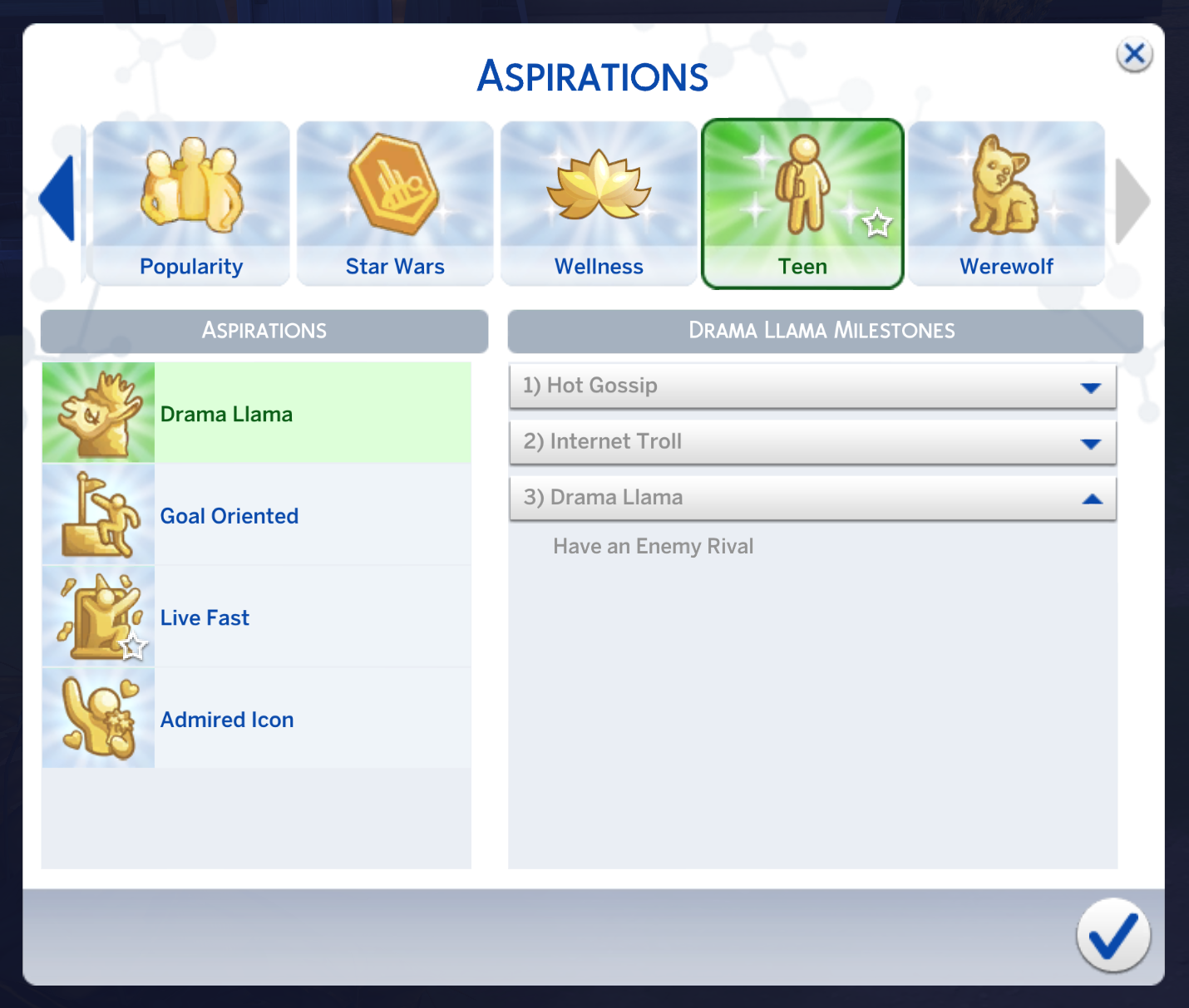 La troisième page de l'aspiration Drame de Lamas dans Les Sims 4