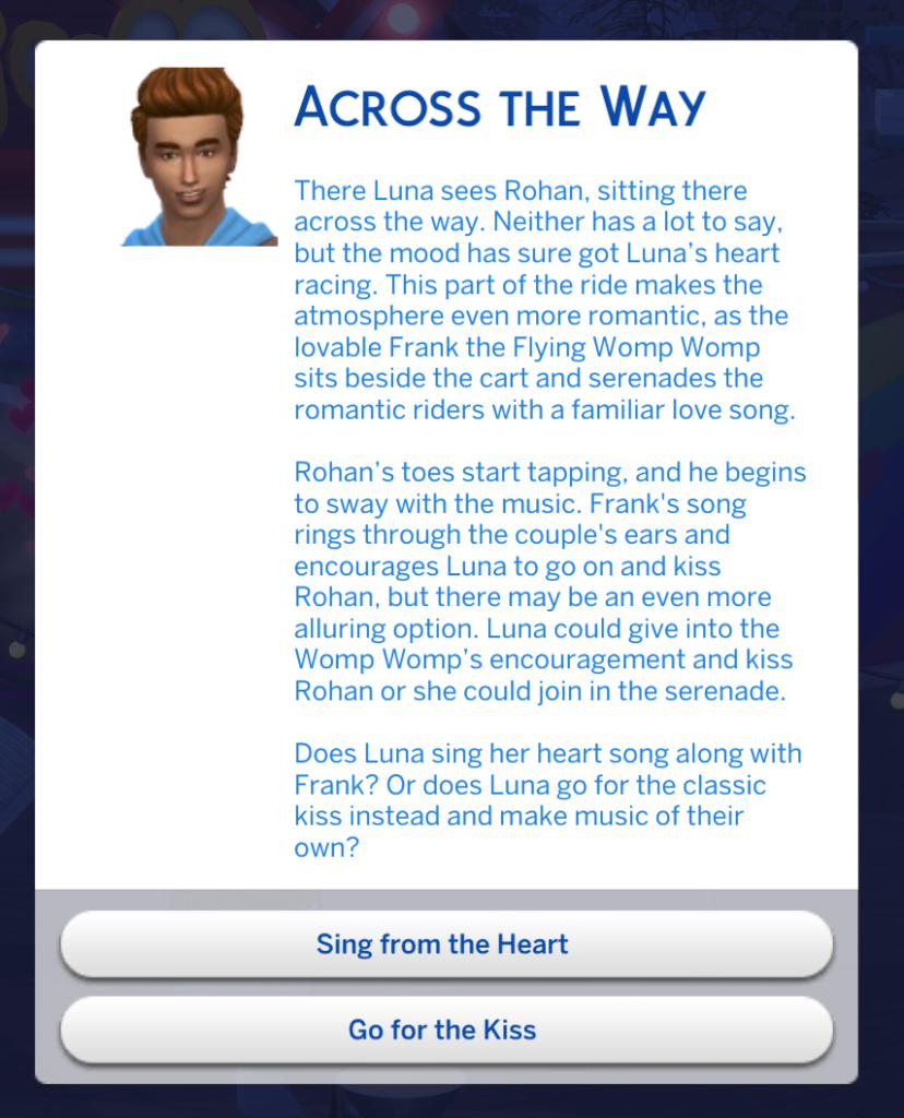 Carte chance qui apparaît lorsque deux Sims s'amusent dans les chariots câlins dans Les Sims 4 Les années lycée