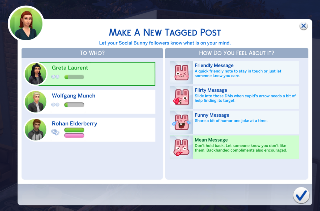 Une page dans l'application de médias sociaux Social Bunny dans Les Sims 4 où un sim avec l'aspiration drama llama publie des messages méchants tagués