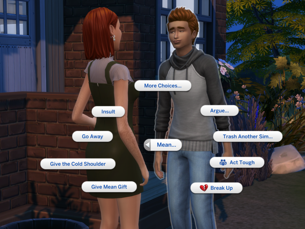 Deux sims se regardant et montrant l'option d'interaction de rupture