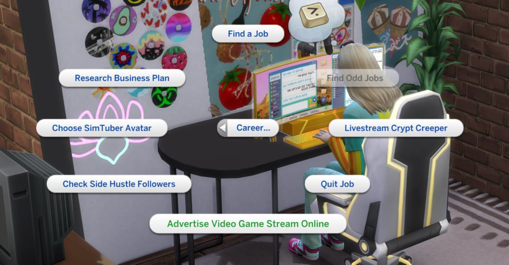 La nouvelle option "faire de la publicité pour les streams de jeux vidéo en ligne" que vous obtenez avec la compétence entrepreneur dans Les Sims 4 : Années lycée