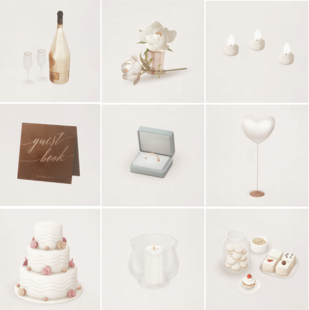 9 carrés tous ensemble dans une grille, chacun de ces carrés a une pièce de décoration de mariage sims 4 cc. Certains des objets sont un livre d'or, un ensemble de bougies, du vin et un gâteau.