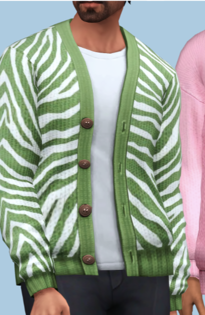 Une image d'un sim avec le visage coupé, portant un t-shirt blanc avec un cardigan à rayures zèbre vert et blanc par-dessus.