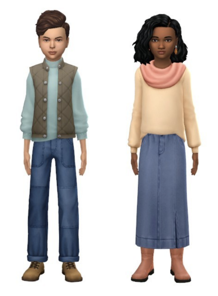Deux enfants de Les Sims 4 se tenant côte à côte portant des jeans patchwork cc et une jupe en jean longue cc.
