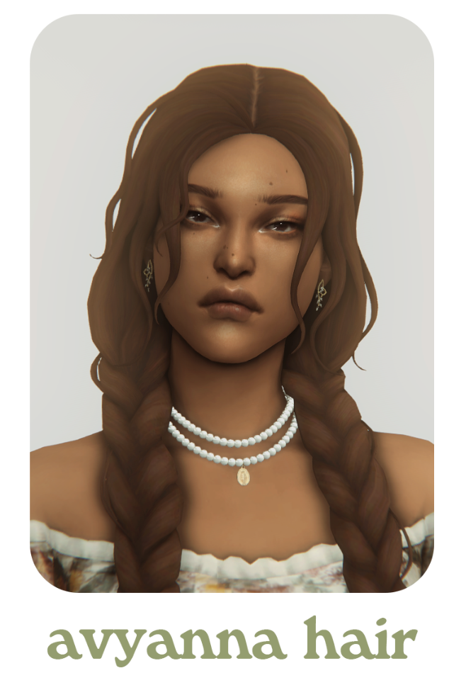 Un sim portant un haut épaules dénudées et des colliers blancs, ils ont leurs cheveux en tresses en couettes sims 4 cc.