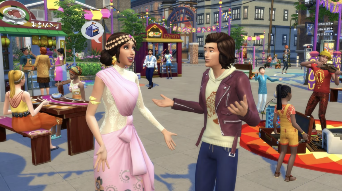 Une image de la promotion de Les Sims 4: Vie Citadine. Cette image montre un parc en ville, avec deux sims en train de discuter d'un festival, des sims écoutant un musicien de rue et d'autres sims essayant de nouvelles nourritures en arrière-plan pendant que d'autres jouent au basketball.