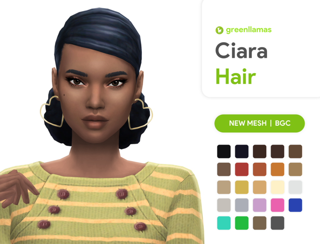 Un sim qui porte ses cheveux dans un grand chignon bas et porte des boucles d'oreilles en or.