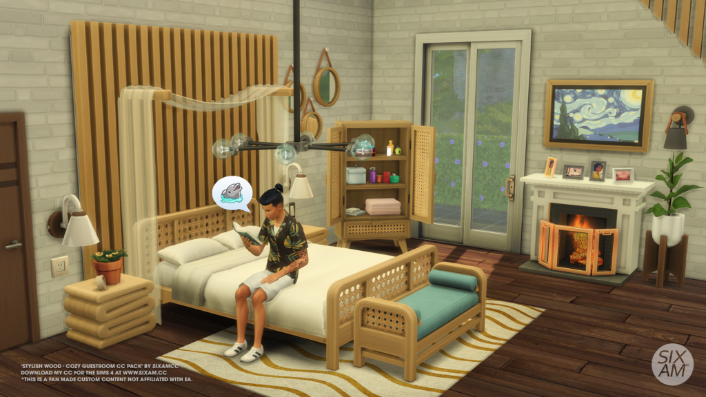Un sim assis sur un lit en train de lire un livre sur les dauphins, cette chambre est remplie de meubles sims 4 cc, y compris une cheminée, un lit, un pouf et plus encore.