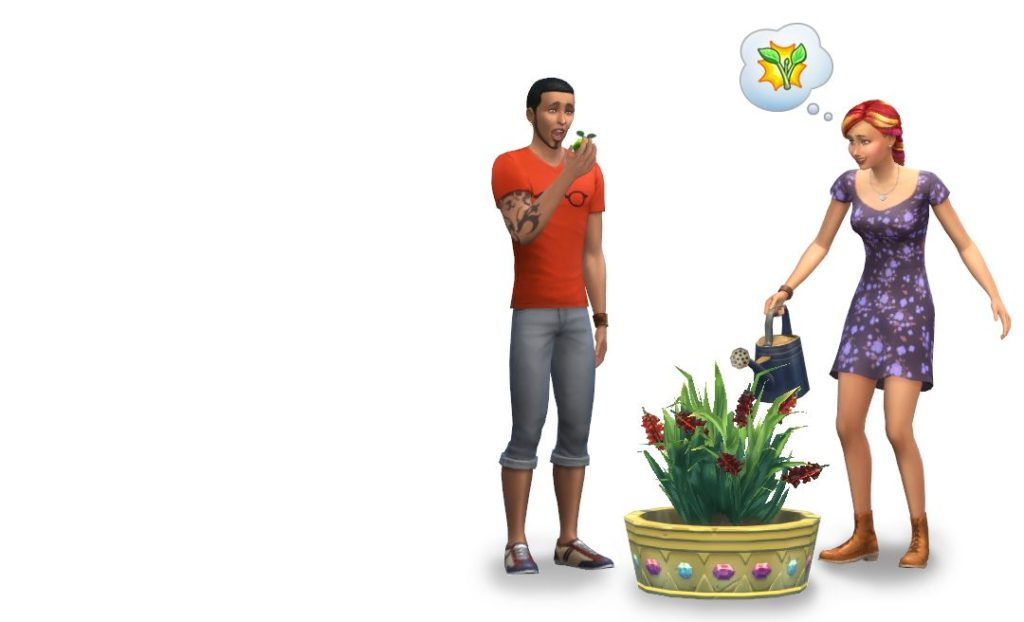 Une image de deux sims du jeu Les Sims 4 jardinant des plants de snapdragon dans un pot coloré.