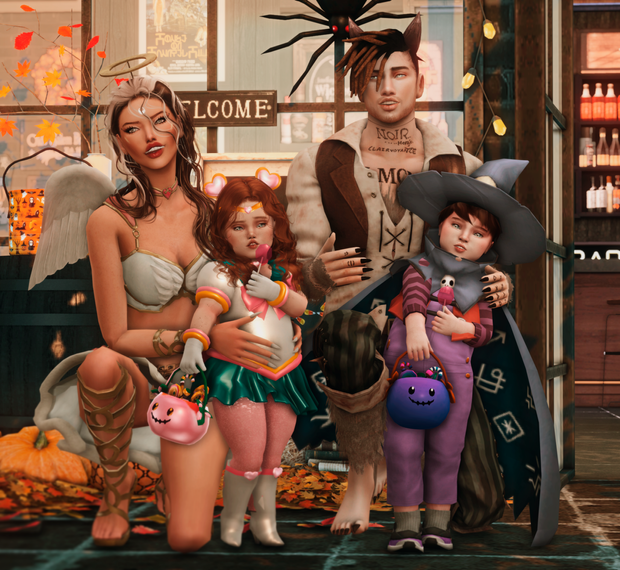Une famille dans Les Sims 4 posant devant une fenêtre habillée en costumes d'Halloween.