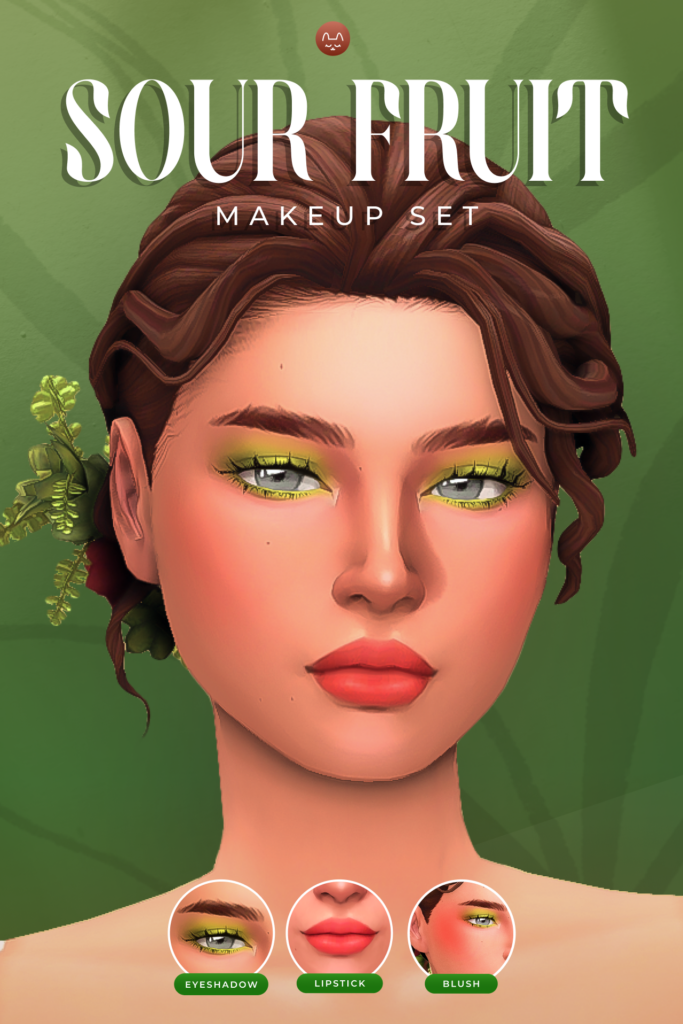 Un Sim avec les cheveux bruns relevés portant un rouge à lèvres rose et un fard à paupières vert Sims 4 pour mariage.
