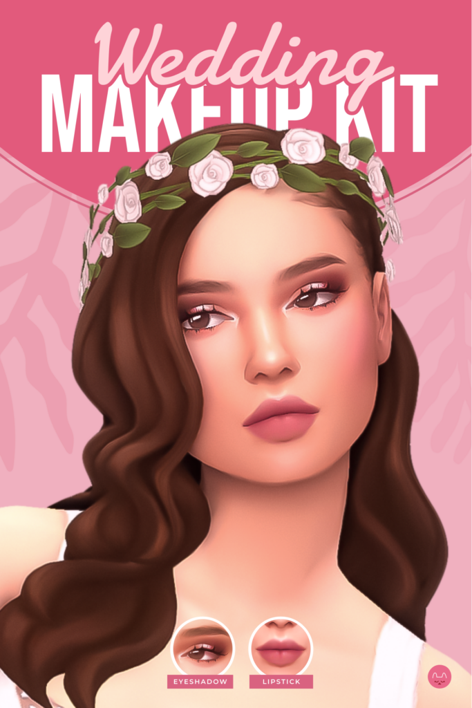 Une femme des Sims 4 aux cheveux bruns et aux yeux marron. Elle porte une couronne de fleurs et un maquillage de mariage léger.