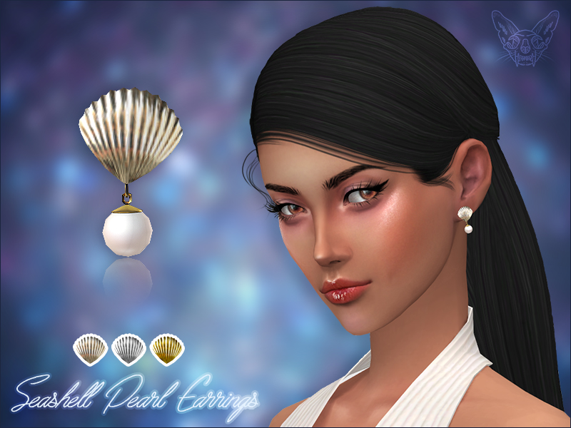 Un sim portant une paire de boucles d'oreilles qui sont une coquille de mer avec une petite perle qui descend.