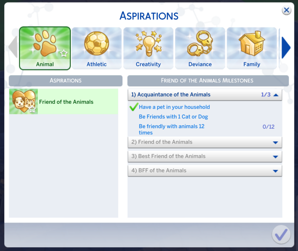aspiration ami des animaux étape 1 dans les Sims 4