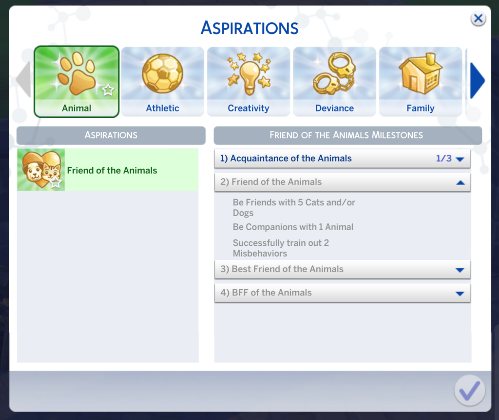 sims 4 aspiration étape deux ami des animaux
