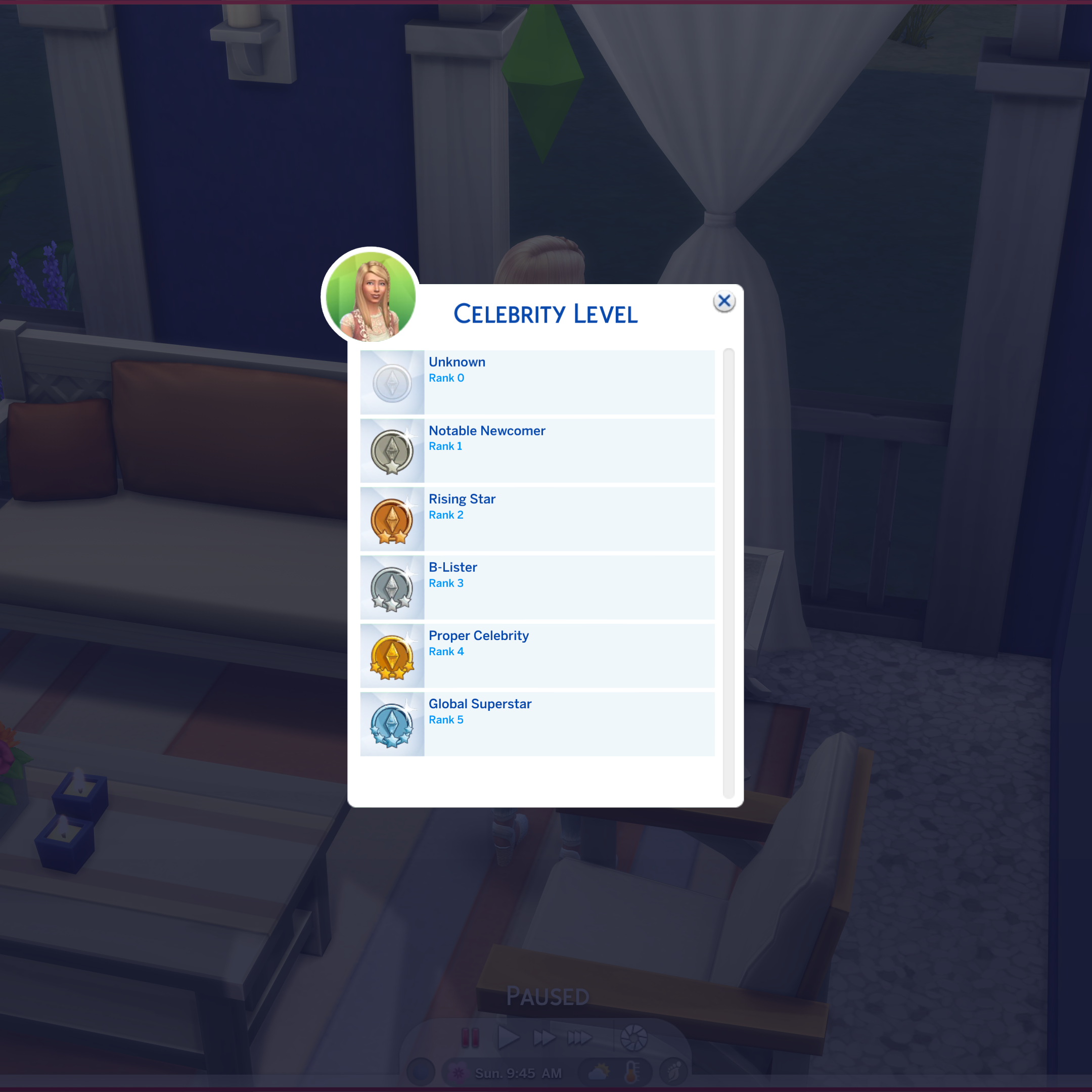 Le menu des triches UI pour changer le niveau de célébrité de votre Sim dans les Sims 4.