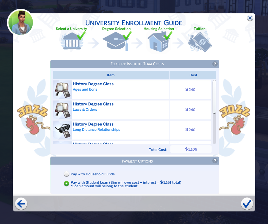 Guide d'inscription à l'université Les Sims 4 montrant comment payer avec des prêts étudiants