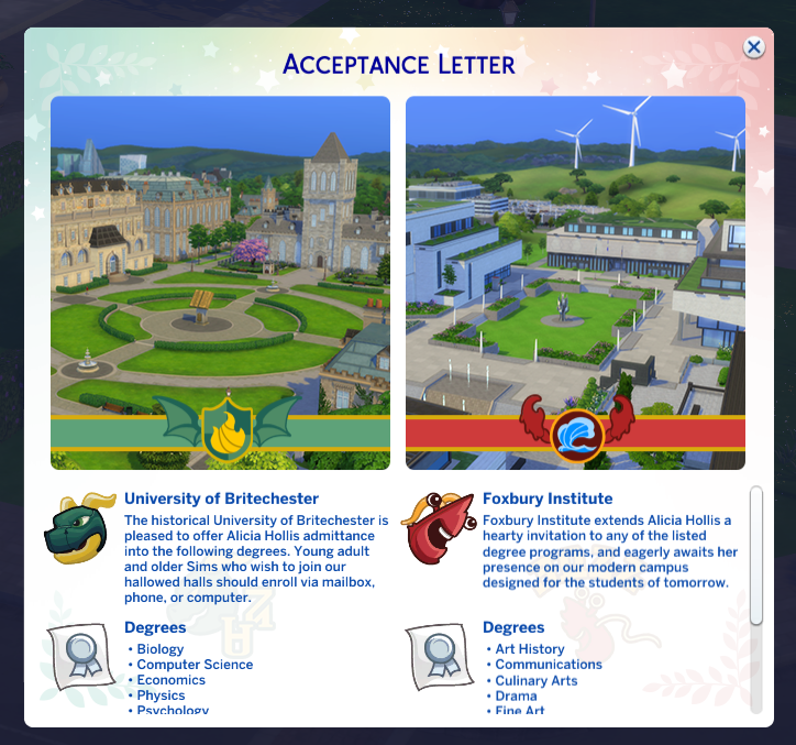 Lettre d'acceptation de l'université Sims 4