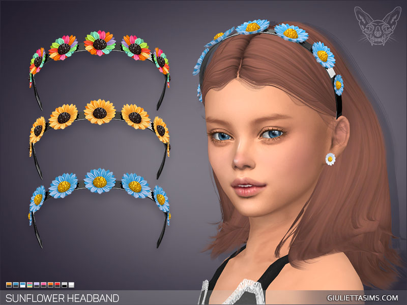 Un sim portant un bandeau noir brillant avec des tournesols. Il y a des options arc-en-ciel, bleu et or, ainsi qu'une option traditionnelle de tournesol.