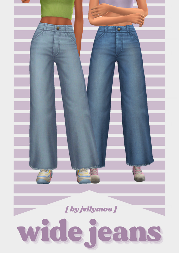 Deux sims portant des débardeurs courts avec des jeans à jambes larges et des baskets.
