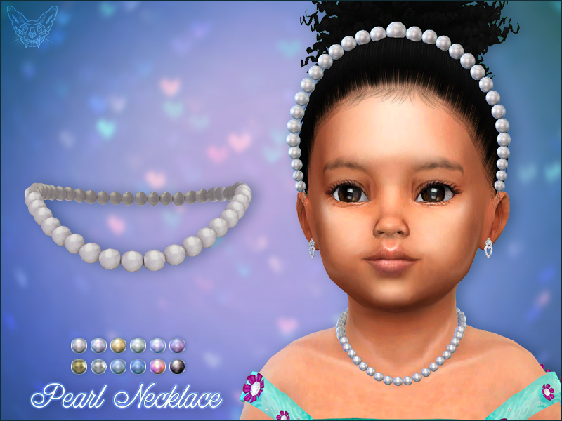 Un tout-petit aux cheveux bouclés noirs portant un bandeau de perles et un collier Pearl Sims 4 CC. 