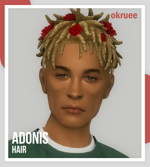 Un sim avec des dreadlocks courtes qui porte de petites fleurs dans ses cheveux.