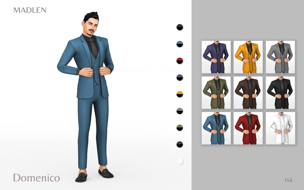 Un Sim avec une crête de cheveux noirs portant des mocassins noirs avec un costume bleu et une cravate noire.