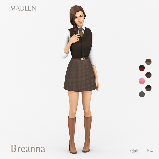 un sim portant une jupe à carreaux avec une ceinture et un gilet avec une chemise à col et une cravate. Un excellent ensemble de sims 4 cc pour un étudiant