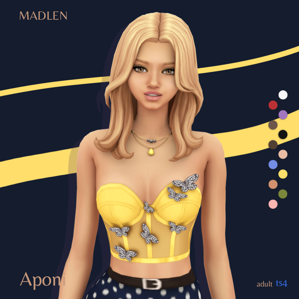 Un sim des Sims 4 portant un haut corset jaune avec un pantalon à pois comme vêtement. Le corset est couvert de papillons.