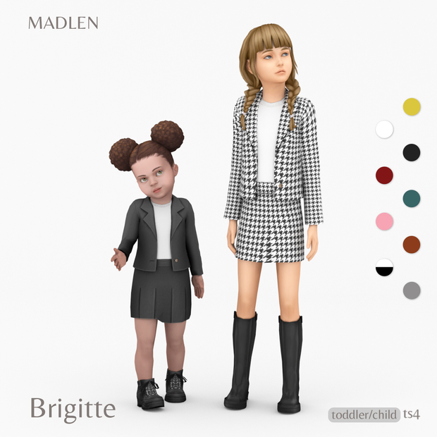 Un enfant et un tout-petit dans Les Sims 4 portant des tenues personnalisées qui sont une jupe avec une veste assortie avec un tee-shirt blanc en dessous