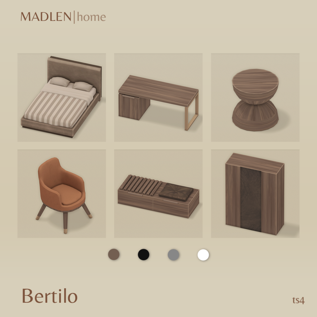 Six carrés sur un fond beige qui ont tous des pièces individuelles de meubles de chambre sims 4 cc. Vous voyez un lit, un bureau, une table d'appoint, une chaise et plus encore.