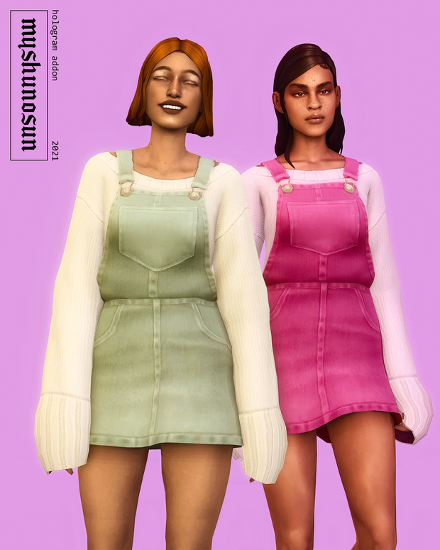 Deux sims sur un fond rose portant des pulls à manches longues avec des combinaisons assorties.