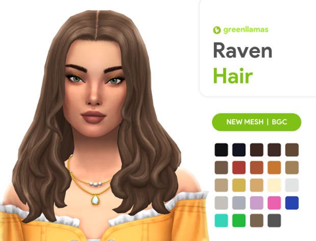 un sim avec un haut jaune épaules dénudées et un collier avec des boucles dans les cheveux