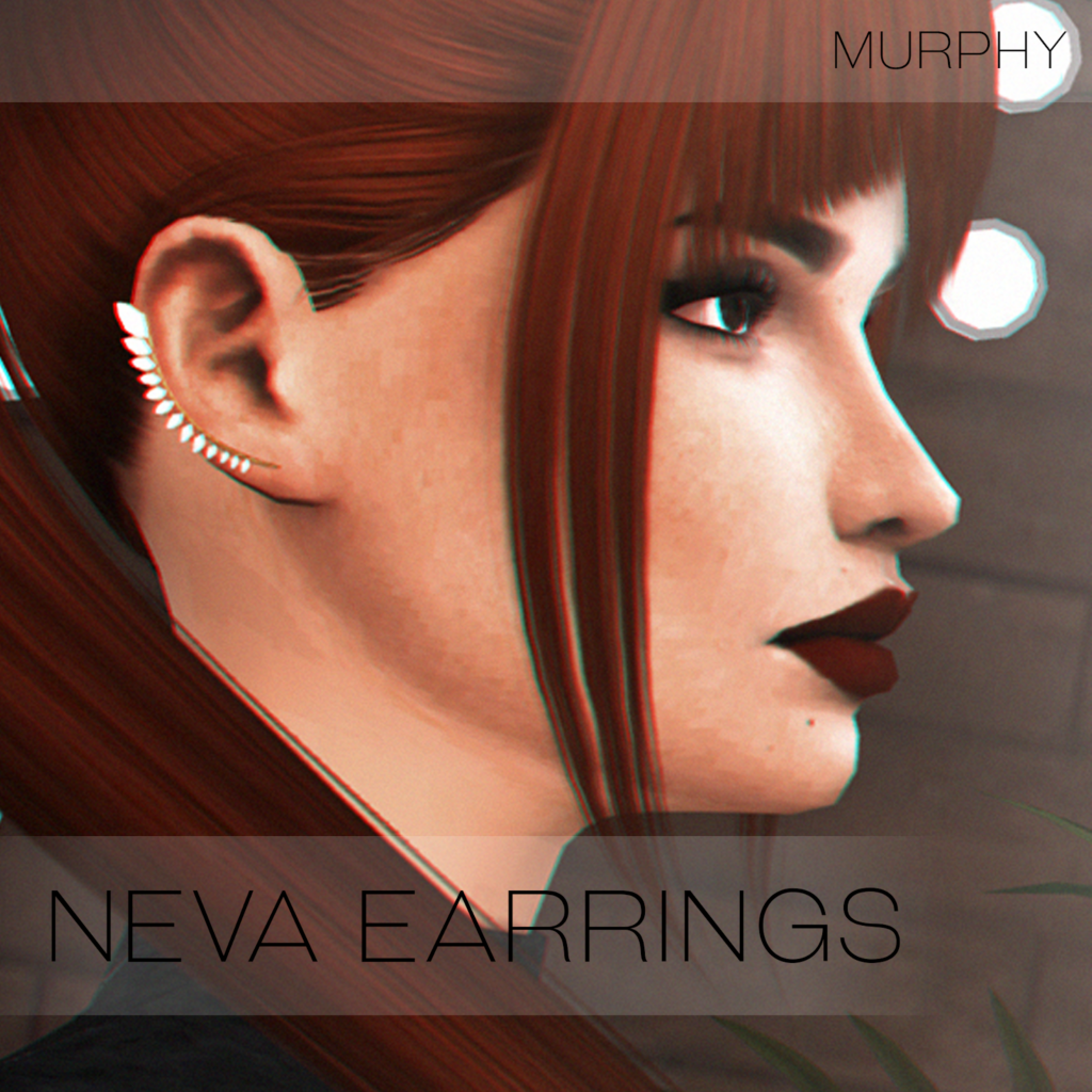Un Sim avec des cheveux roux et un rouge à lèvres rouge foncé portant une boucle d'oreille avec des feuilles.