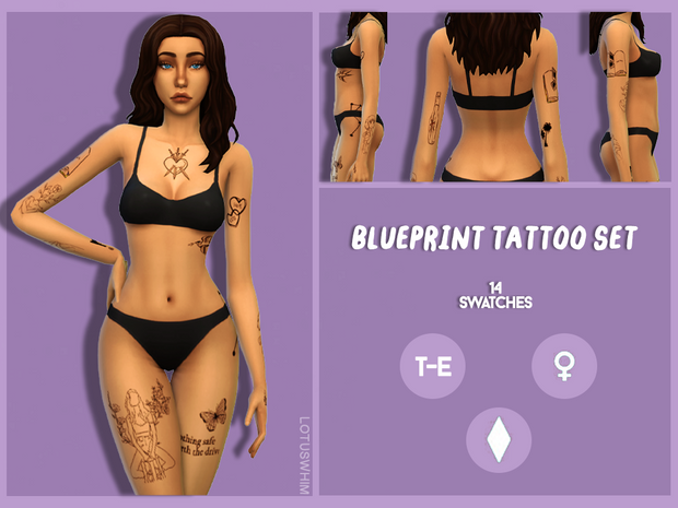ensemble de tatouages Blueprint avec des papillons, des cœurs et du texte dans les Sims 4